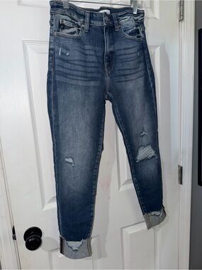 KanCan Distressed High-Rise Cropped Jeans in Dark Blue